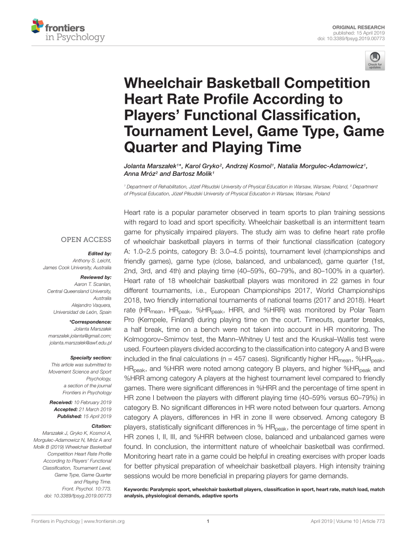 PDF) Wheelchair Basketball Competition Heart Rate Profile ...