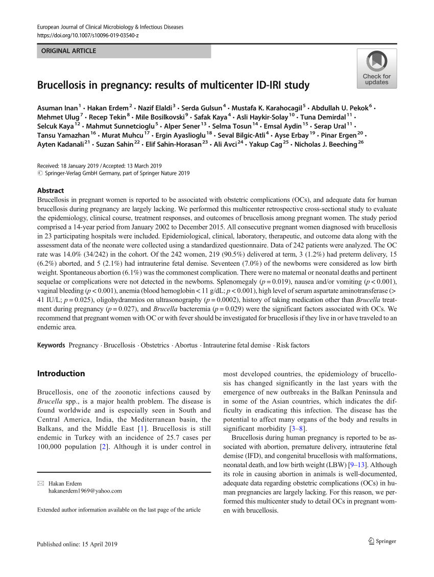 Pdf Brucellosis In Pregnancy Results Of Multicenter Id Iri Study