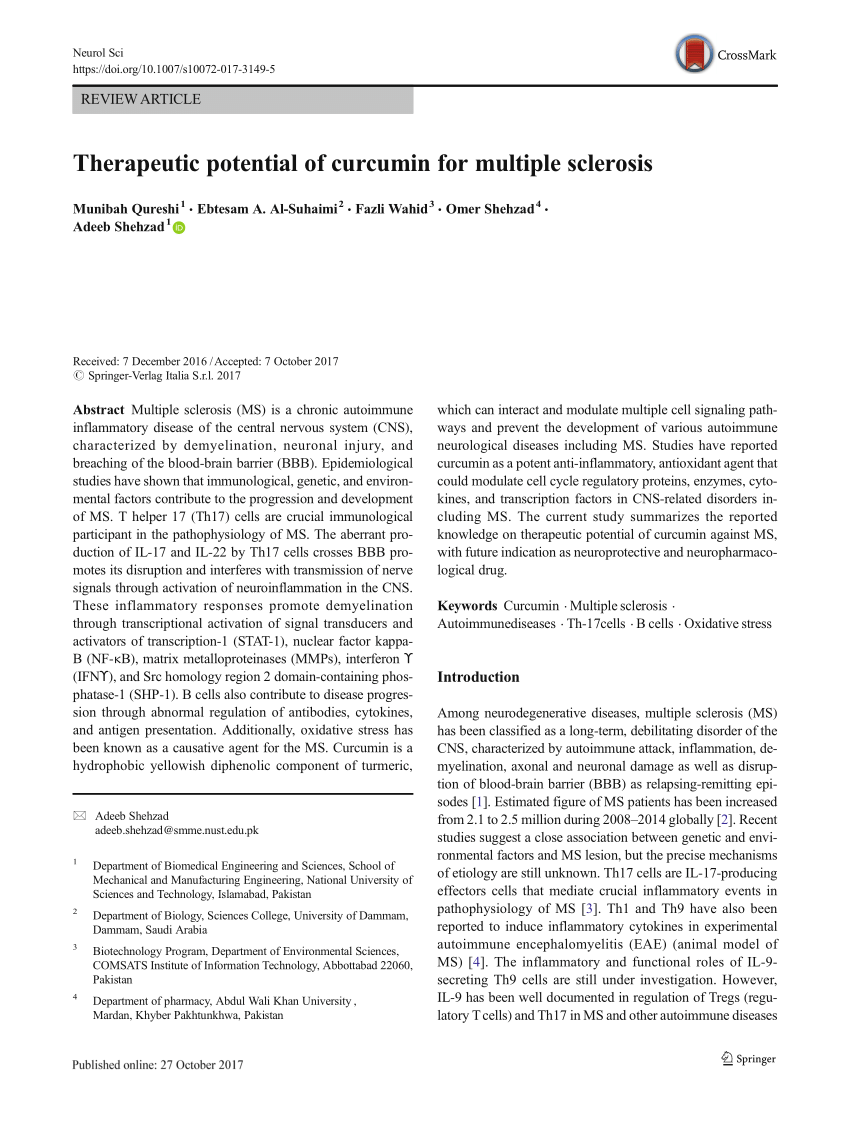 Pdf Curcumin Impact On Multiple Sclerosis