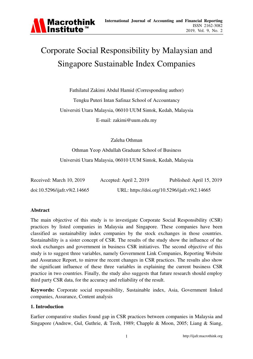 Pdf Corporate Social Responsibility By Malaysian And Singapore Sustainable Index Companies
