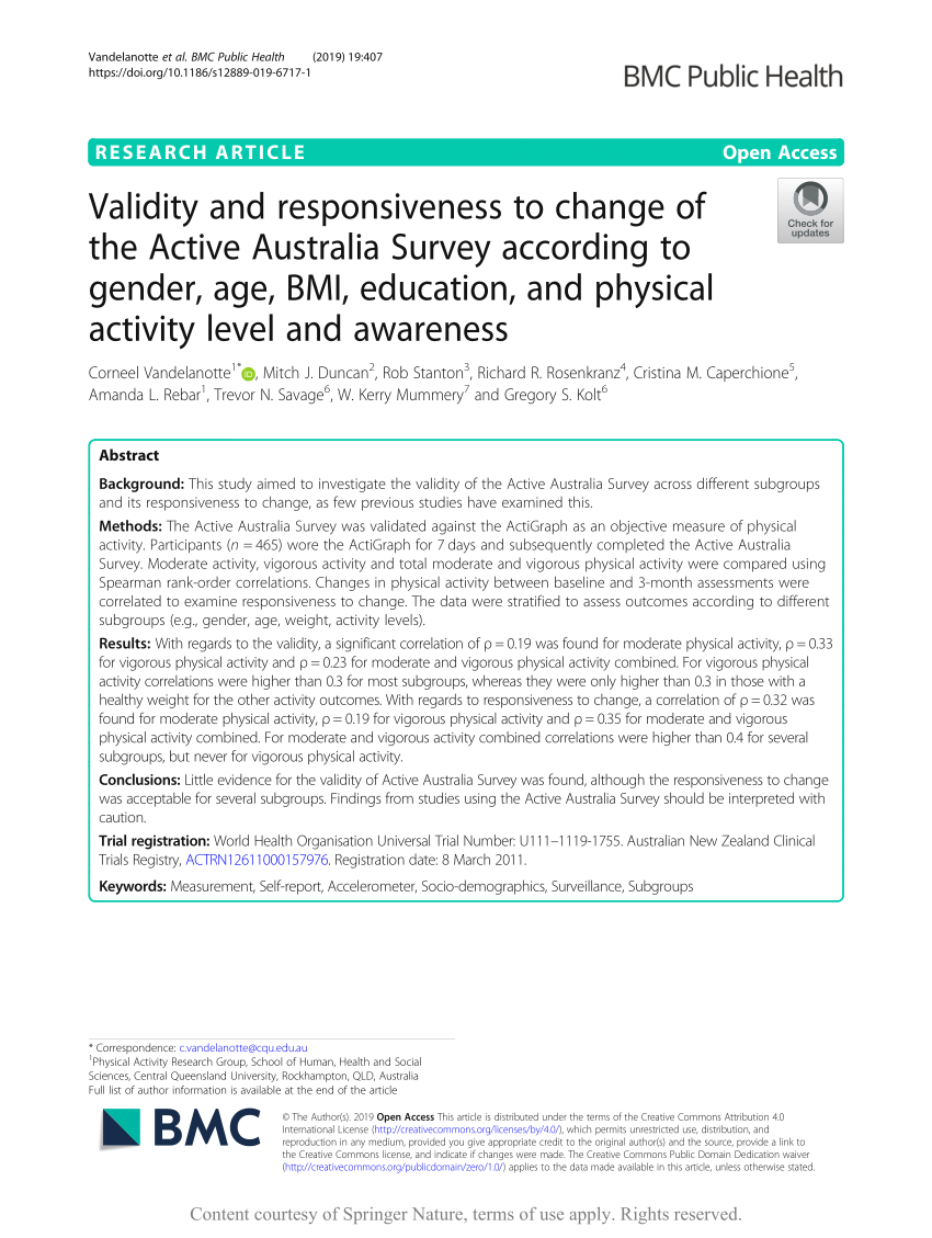 PDF) Validity and responsiveness to of the Active Australia Survey according gender, BMI, education, and physical activity level awareness