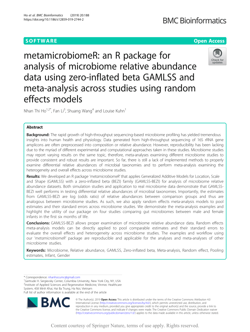 Pdf Metamicrobiomer An R Package For Analysis Of Microbiome Relative Abundance Data Using Zero Inflated Beta Gamlss And Meta Analysis Across Studies Using Random Effects Models
