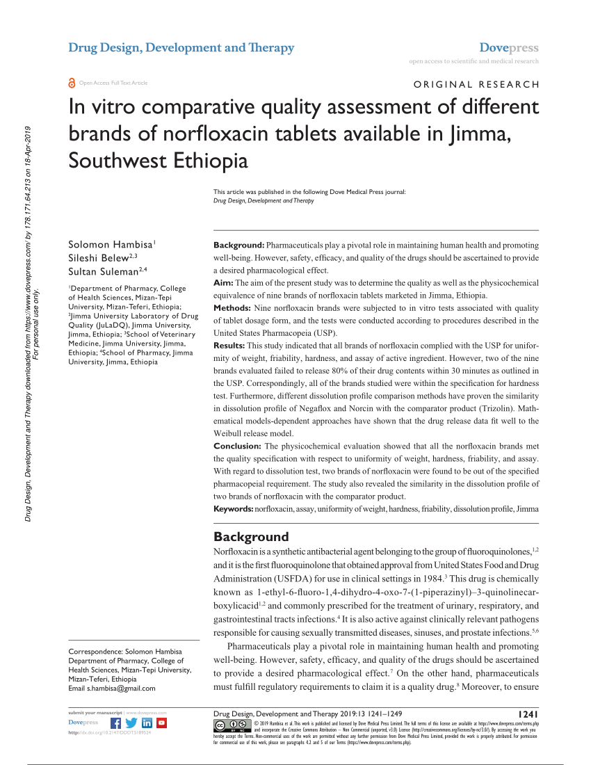 Pdf In Vitro Comparative Quality Assessment Of Different Brands Of Norfloxacin Tablets Available In Jimma Southwest Ethiopia