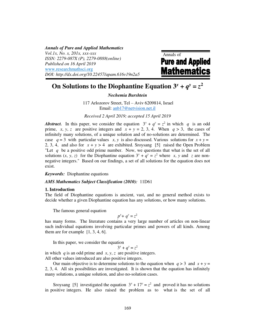 Pdf On Solutions To The Diophantine Equation 3x Qy Z2