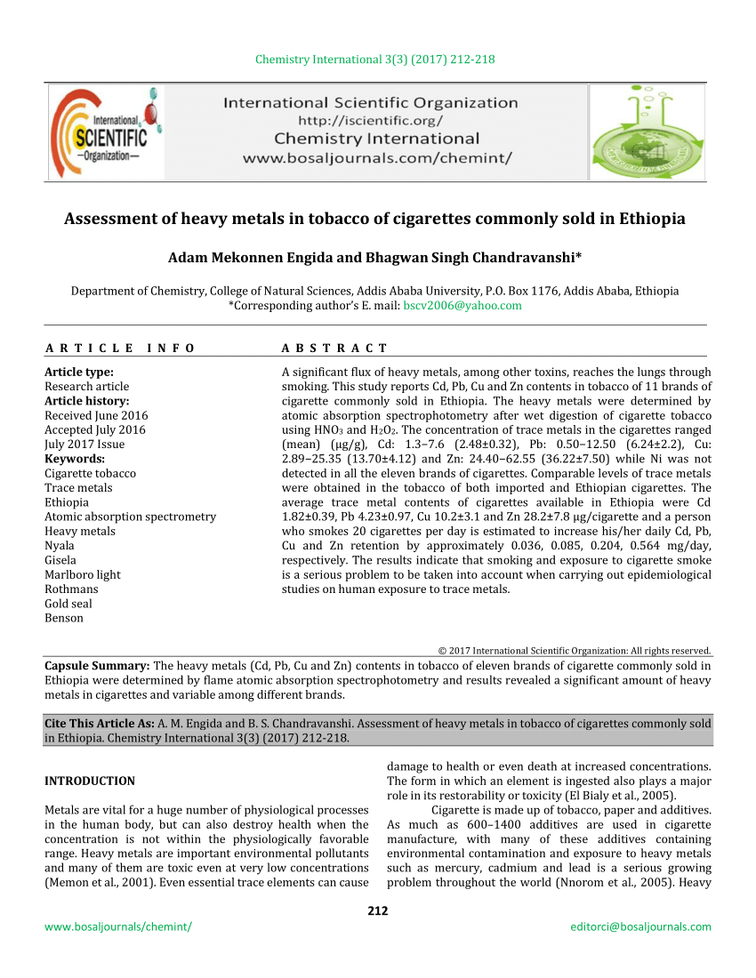 Pdf Assessment Of Heavy Metals In Tobacco Of Cigarettes Commonly Sold In Ethiopia