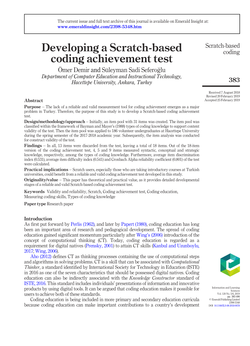 Pdf Developing A Scratch Based Coding Achievement Test