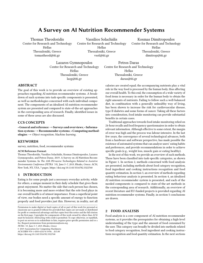 Pdf A Survey On Ai Nutrition Recommender Systems