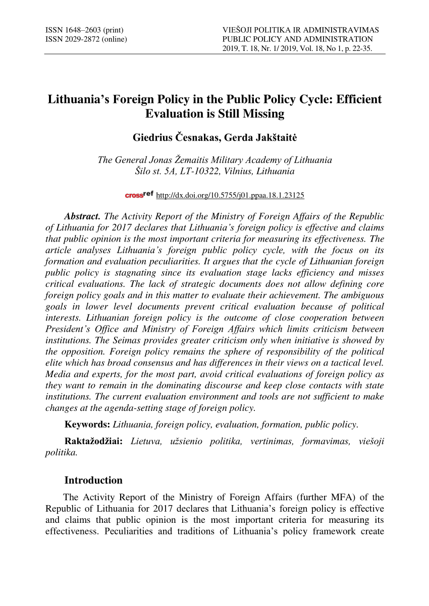 Pdf Lithuania S Foreign Policy In The Public Policy Cycle Efficient Evaluation Is Still Missing