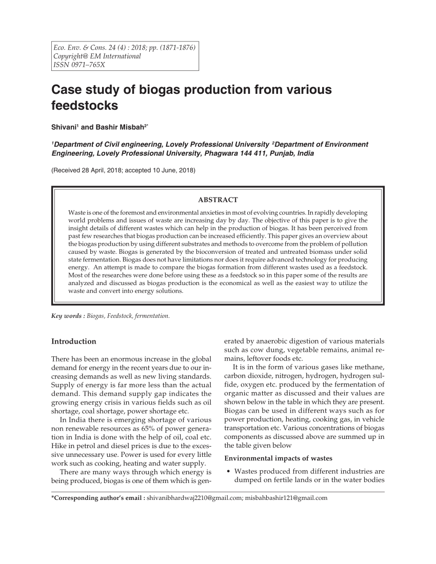 (PDF) Case study of biogas production from various feedstocks