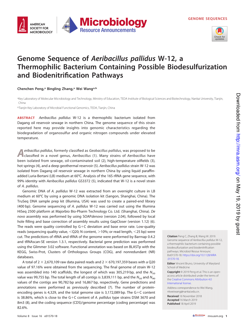 (PDF) Genome Sequence of Aeribacillus pallidus W-12, a Thermophilic ...