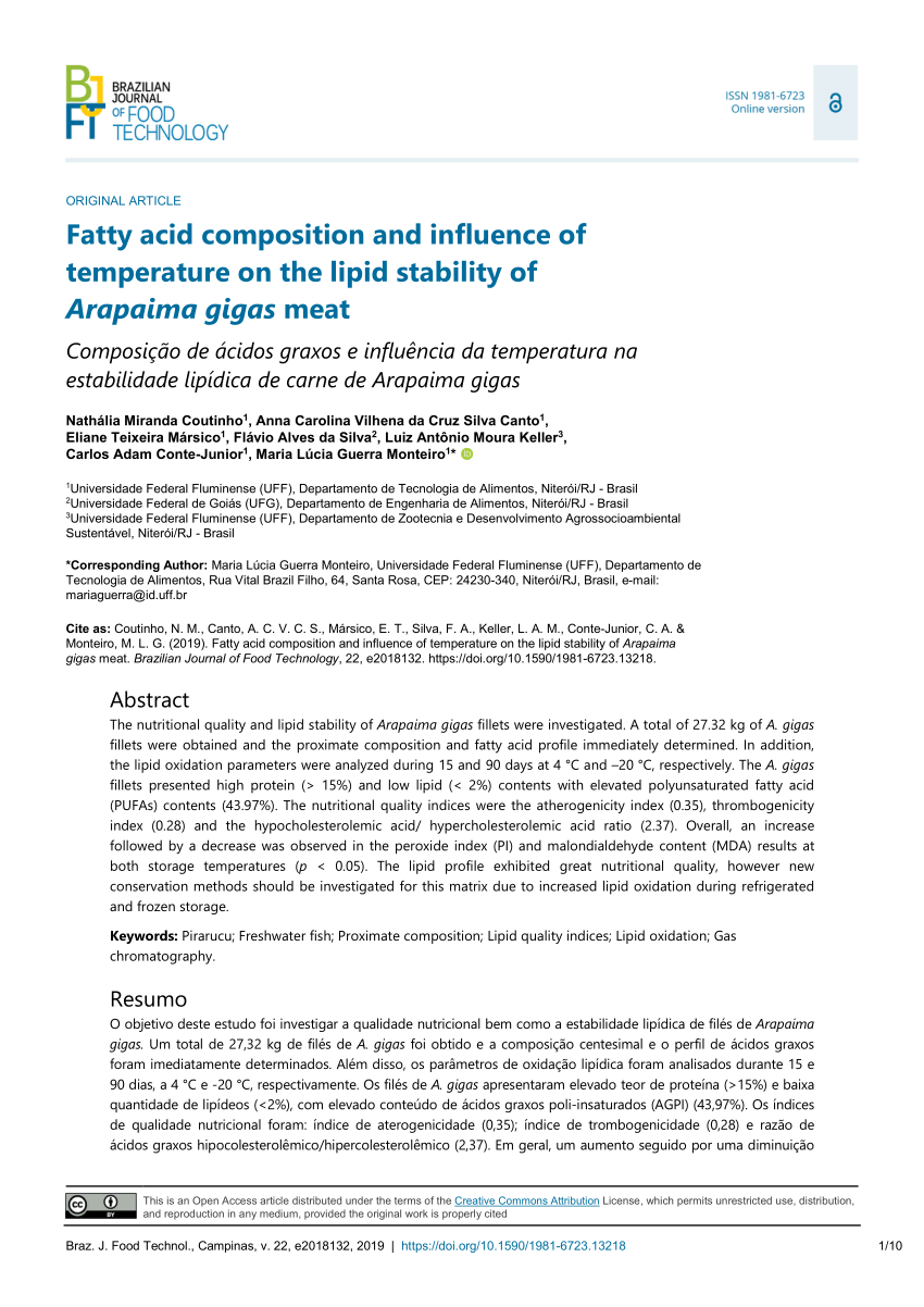 Pdf Fatty Acid Composition And Influence Of Temperature On The Lipid Stability Of Arapaima Gigas Meat