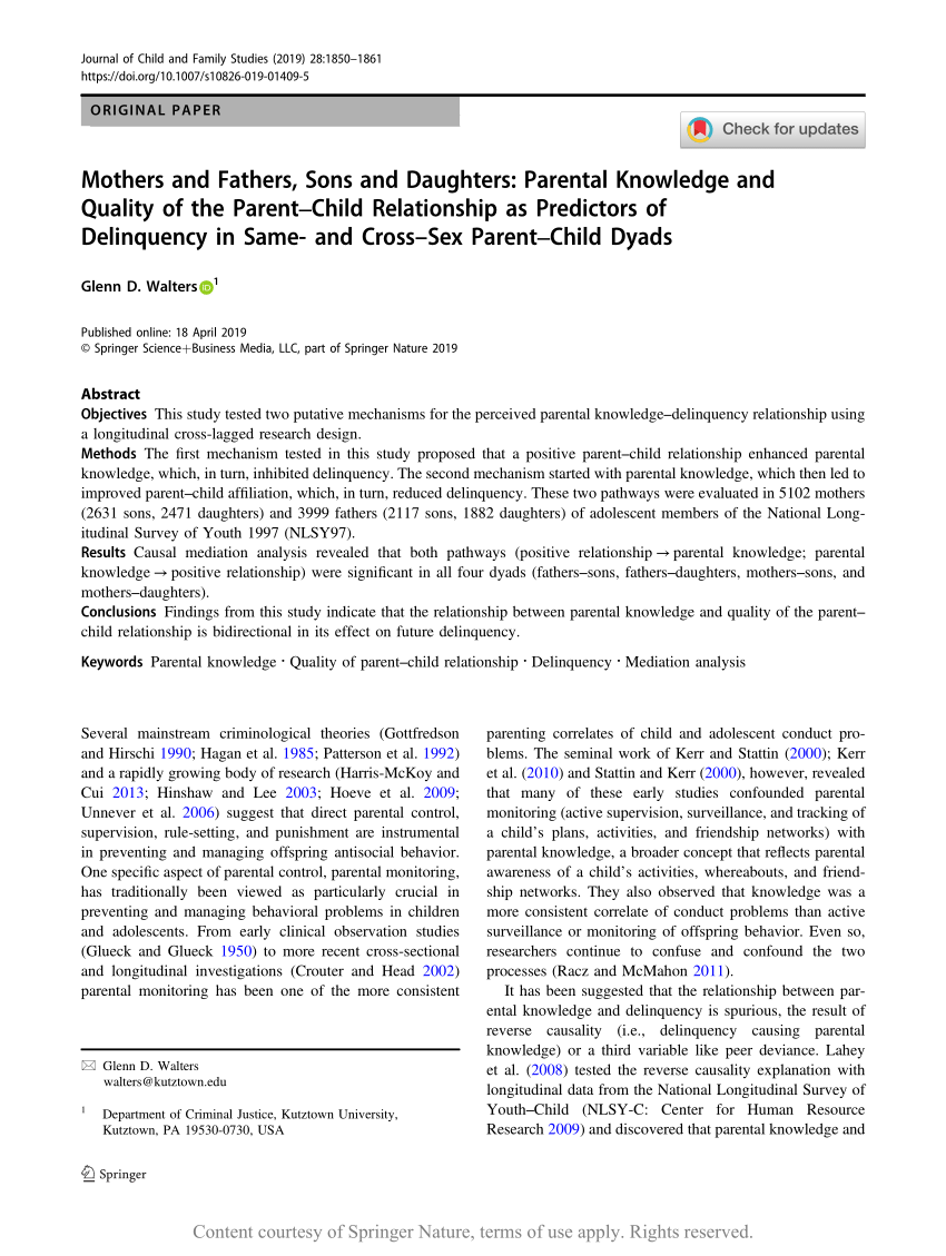 Mothers and Fathers, Sons and Daughters: Parental Knowledge and Quality of  the Parent‒Child Relationship as Predictors of Delinquency in Same- and  Cross–Sex Parent‒Child Dyads