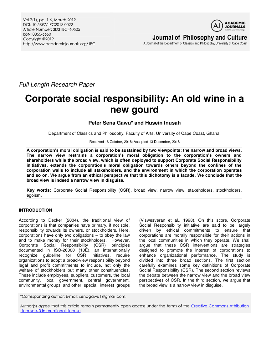 Pdf Corporate Social Responsibility An Old Wine In A New Gourd