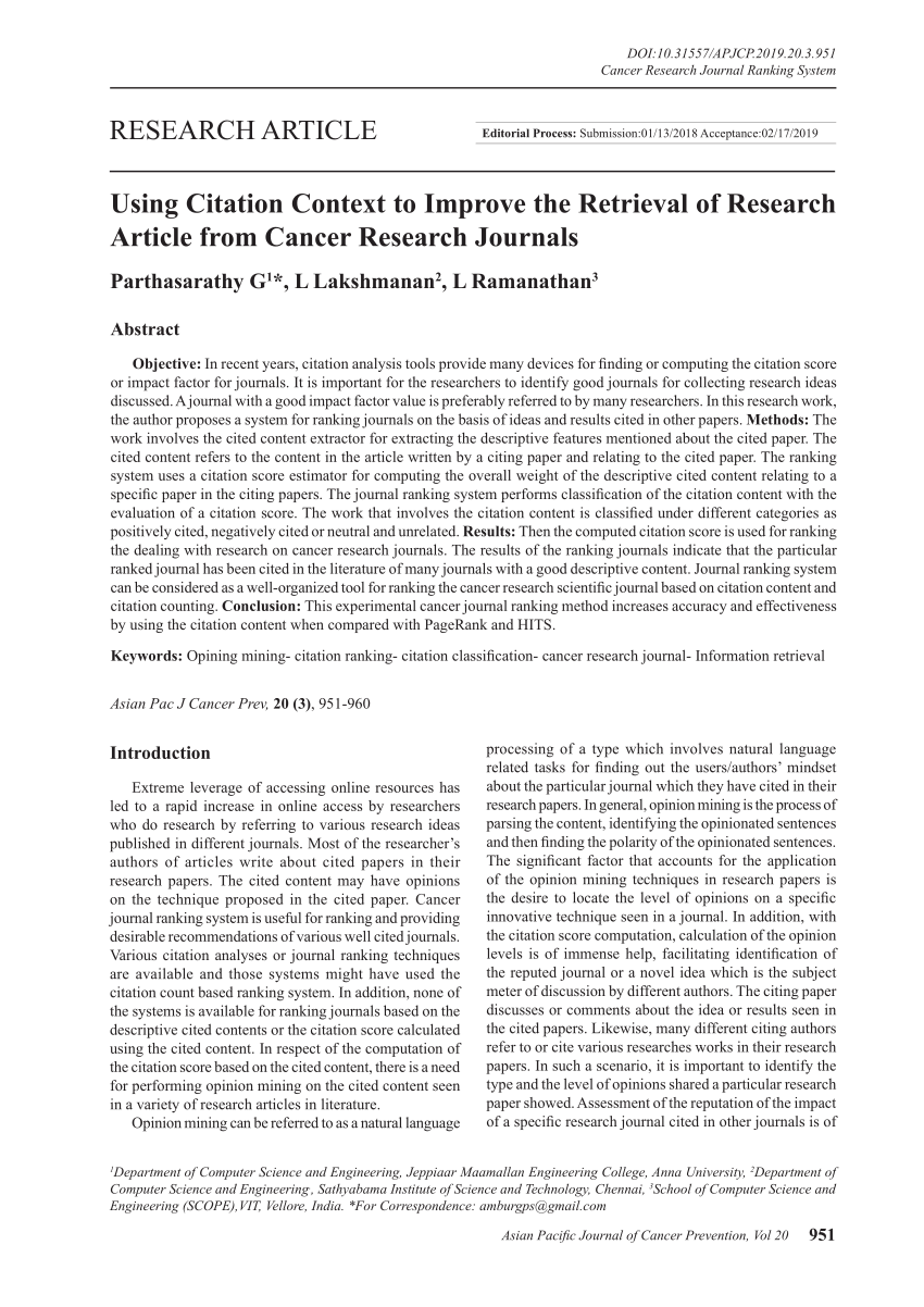 Pdf Using Citation Context To Improve The Retrieval Of Research Article From Cancer Research Journals