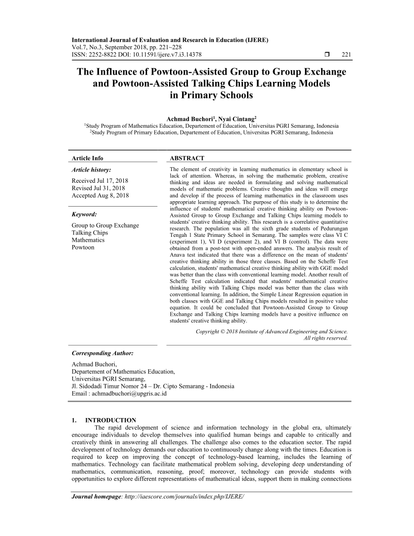 Pdf The Influence Of Powtoon Assisted Group To Group Exchange And Powtoon Assisted Talking Chips Learning Models In Primary Schools