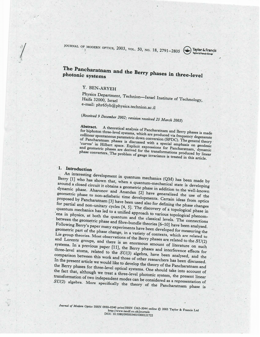 (PDF) Pancharatnam and Berry Phases in Three-Level Photonic Systems