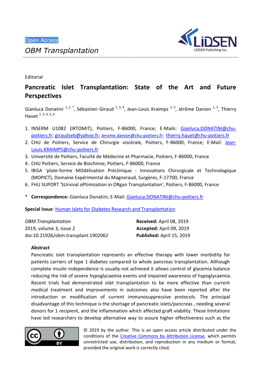 Pdf Pancreatic Islet Transplantation State Of The Art And Future Perspectives