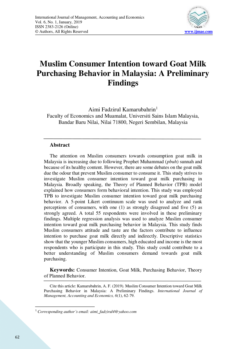 Pdf Muslim Consumer Intention Toward Goat Milk Purchasing Behavior In Malaysia A Preliminary Findings