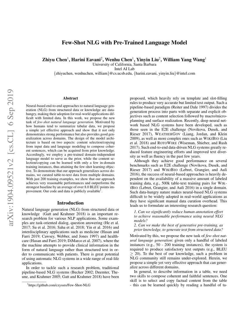 Pdf Few Shot Nlg With Pre Trained Language Model