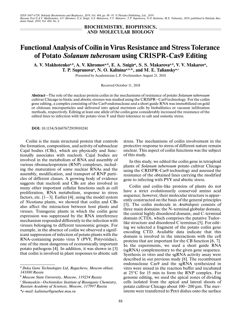Pdf Functional Analysis Of Coilin In Virus Resistance And Stress Tolerance Of Potato Solanum Tuberosum Using Crispr Cas9 Editing