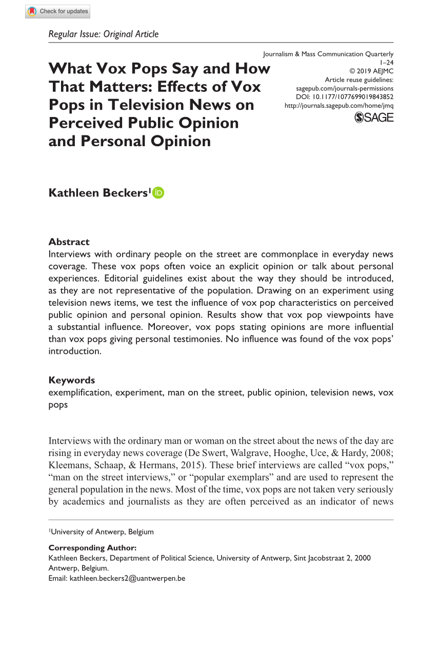 PDF) What Vox Pops Say How That Matters: Effects of Vox Pops Television News on Perceived Public Opinion and Personal
