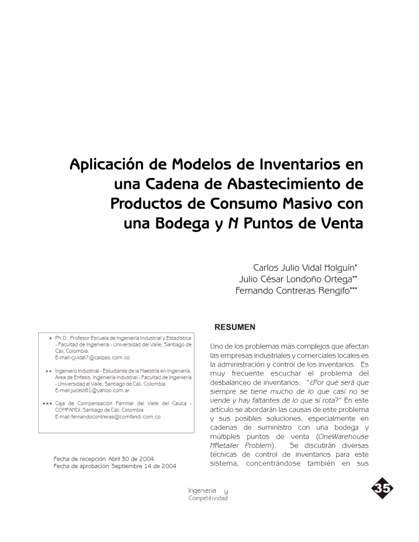 PDF) Aplicación de los Modelos de Inventarios en una Cadena de  Abastecimiento de Productos de Consumo Masivo con una Bodega y N Puntos de  Venta