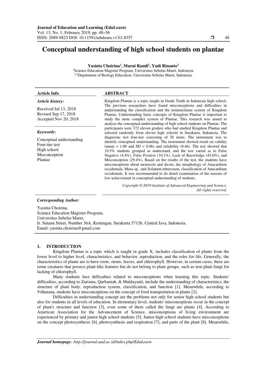 Pdf Conceptual Understanding Of High School Students On Plantae