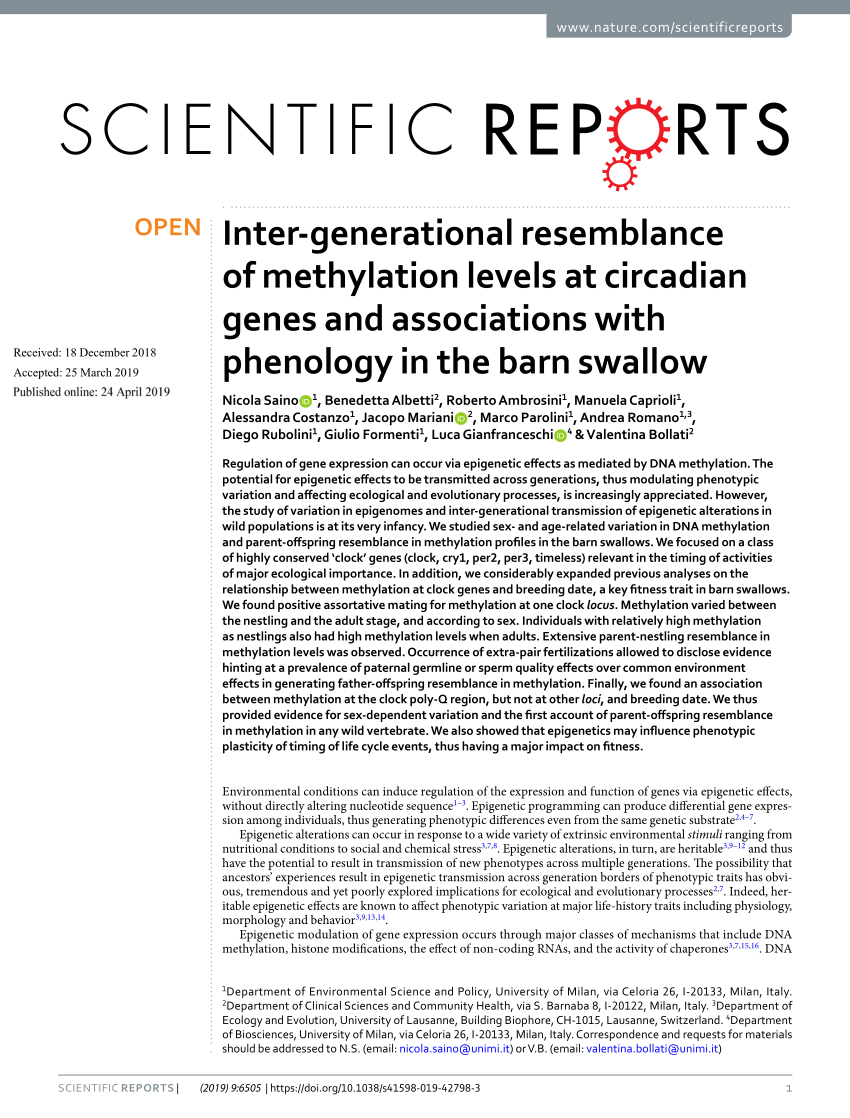 Pdf Inter Generational Resemblance Of Methylation Levels At Circadian Genes And Associations