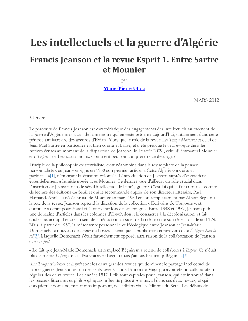 Pdf Les Intellectuels Et La Guerre D Algerie Jeanson Entre Sartre Et Mounier
