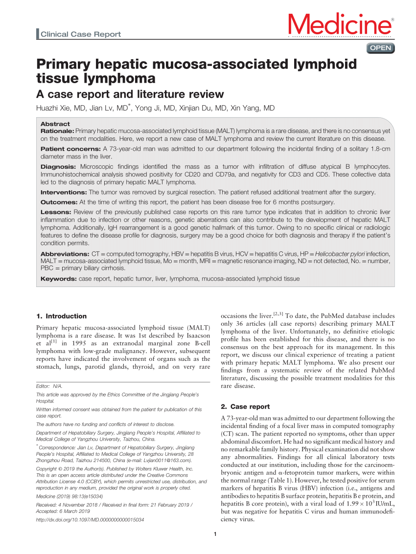 Pdf Primary Hepatic Mucosa Associated Lymphoid Tissue Lymphoma A Case Report And Literature 0827