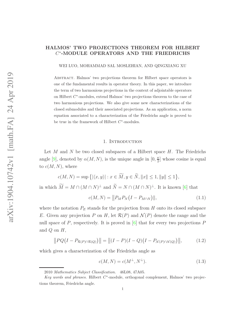Pdf Halmos Two Projections Theorem For Hilbert C Module Operators And The Friedrichs