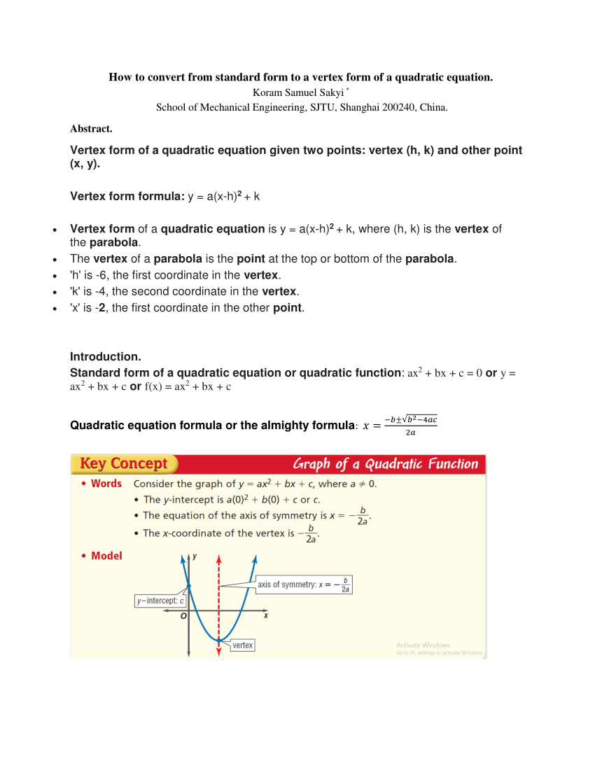 Pdf How To Convert From Standard Form To A Vertex Form Of A Quadratic Equation
