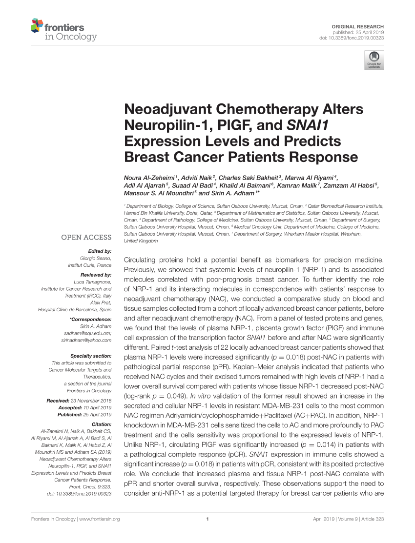 Pdf Neoadjuvant Chemotherapy Alters Neuropilin 1 Plgf And Snai1