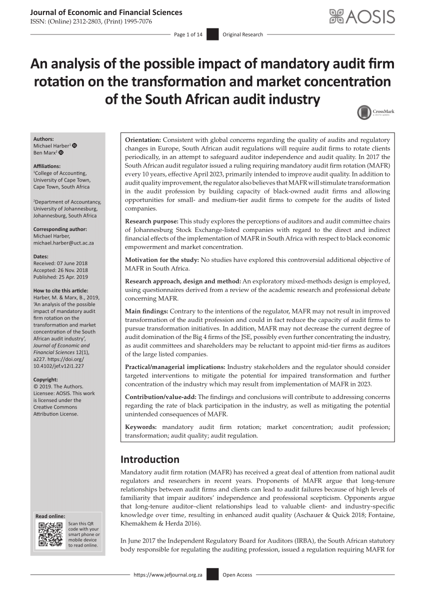Pdf An Analysis Of The Possible Impact Of Mandatory Audit Firm Rotation On The Transformation And Market Concentration Of The South African Audit Industry