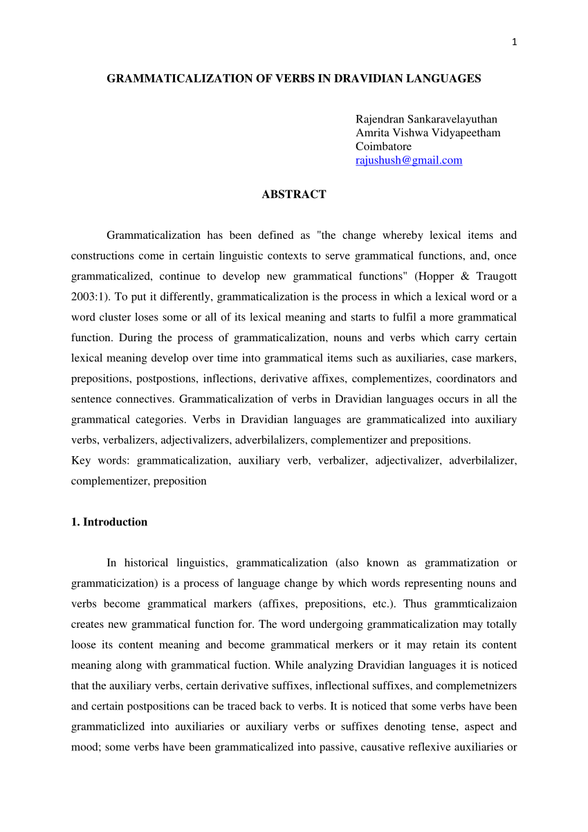 Pdf Grammaticalization Of Verbs In Dravidian Languages