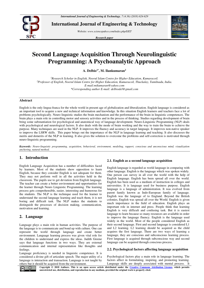 Pdf Second Language Acquisition Through Neurolinguistic Programming A Psychoanalytic Approach