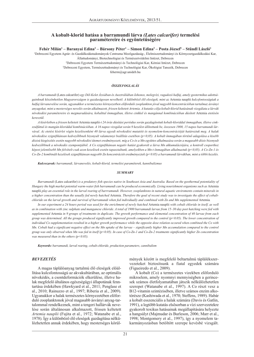 Pdf The Effect Of Cobalt Chloride On The Production Parameters And Homogenity Of Barramundi Lates Calcarifer Larvae