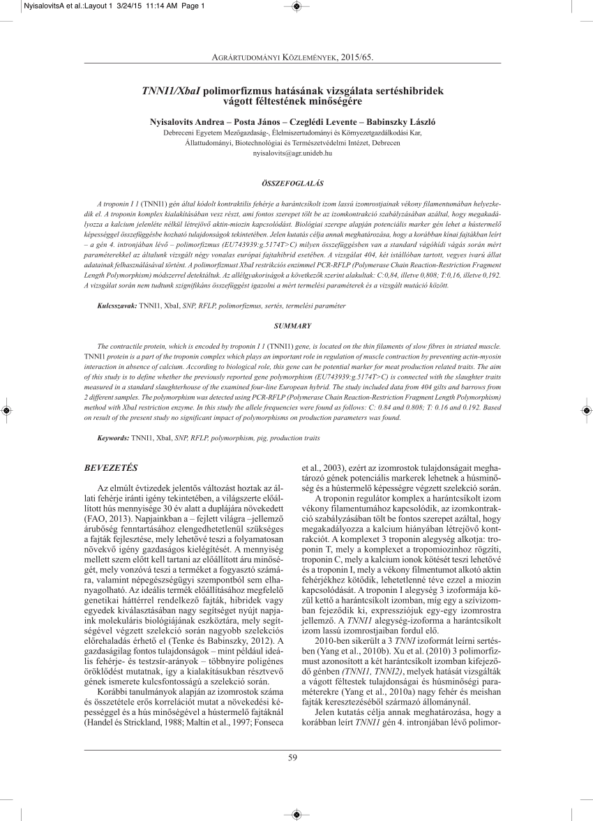 PDF) Association analysis of TNNI1/XbaI polimorphism on carcass 
