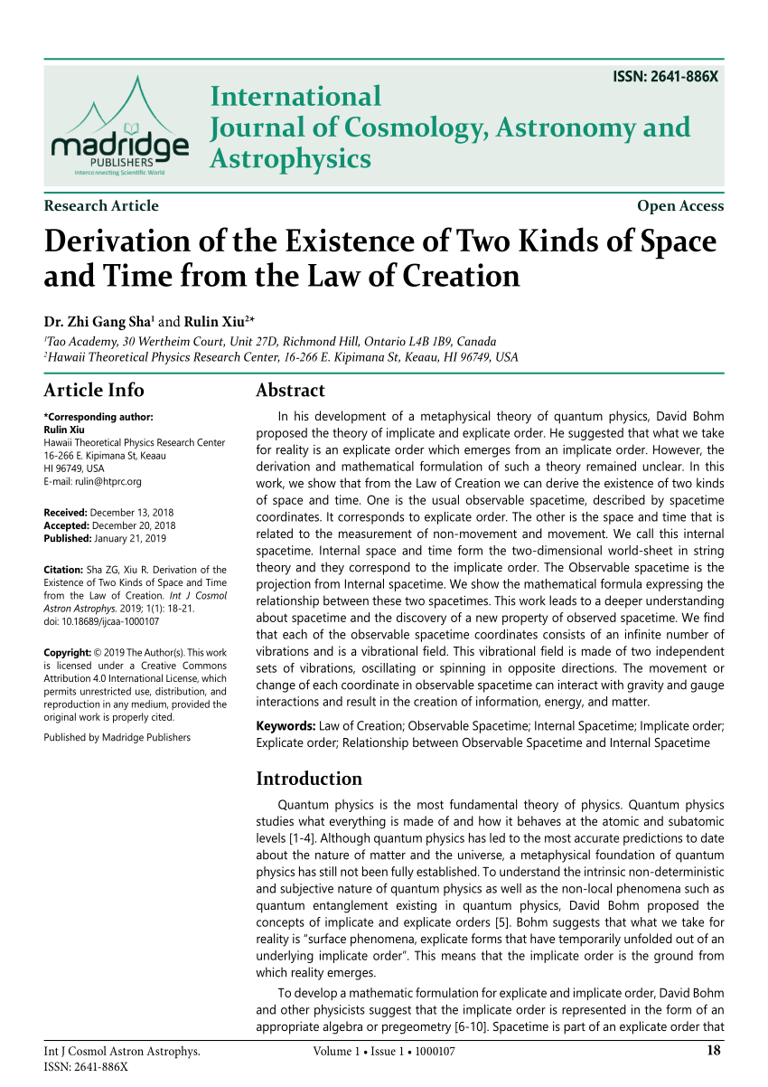 Pdf Derivation Of The Existence Of Two Kinds Of Space And Time From The Law Of Creation