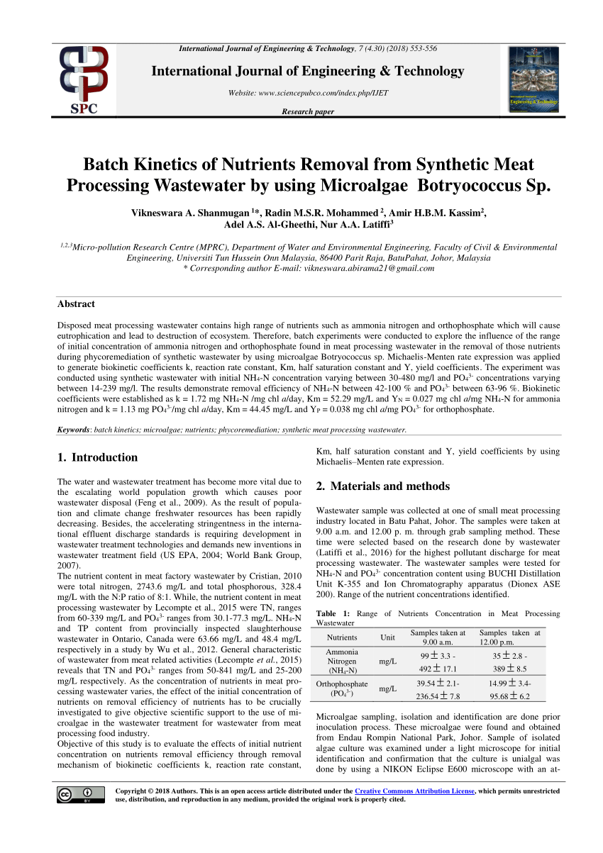 Pdf Batch Kinetics Of Nutrients Removal From Synthetic Meat Processing Wastewater By Using Microalgae Botryococcus Sp