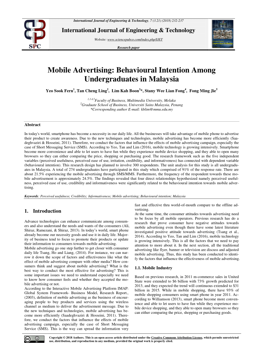 Pdf Mobile Advertising Behavioural Intention Among Undergraduates In Malaysia