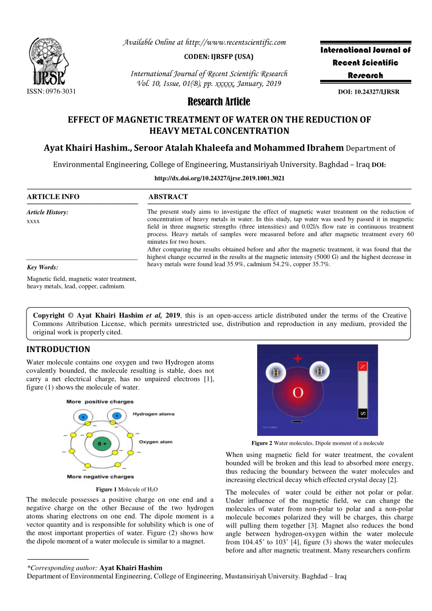 PDF) EFFECT OF MAGNETIC TREATMENT OF WATER ON THE REDUCTION OF