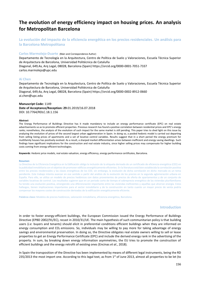 Pdf The Evolution Of Energy Efficiency Impact On Housing Prices An Analysis For Metropolitan Barcelona