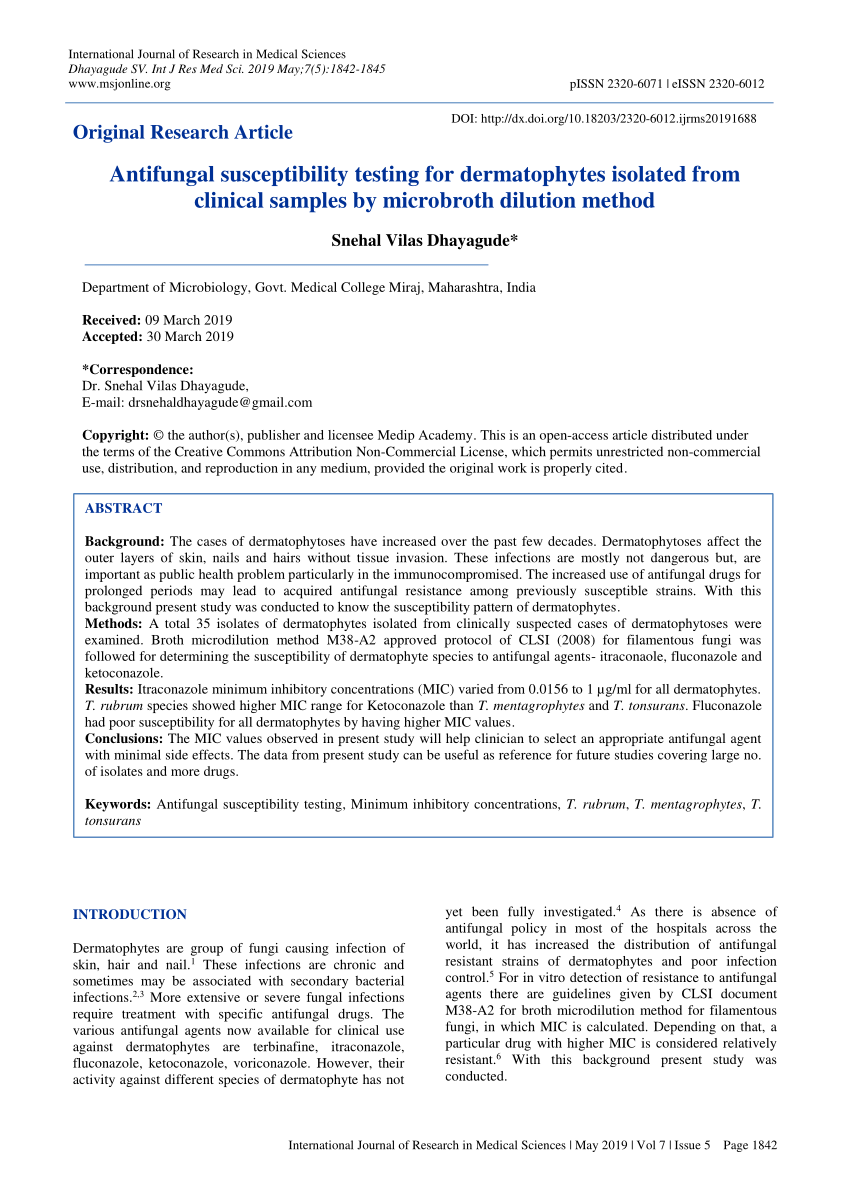 Pdf Antifungal Susceptibility Testing For Dermatophytes Isolated From Clinical Samples By