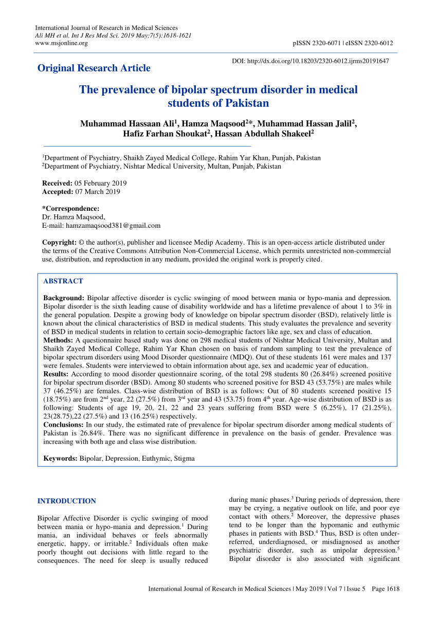 Pdf The Prevalence Of Bipolar Spectrum Disorder In Medical Students Of Pakistan