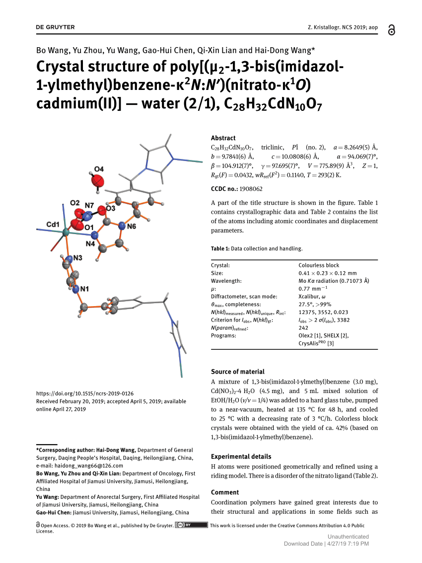Pdf Crystal Structure Of Poly M2 1 3 Bis Imidazol 1 Ylmethyl Benzene K2n N Nitrato K1o Cadmium Ii Water 2 1 C28h32cdn10o7