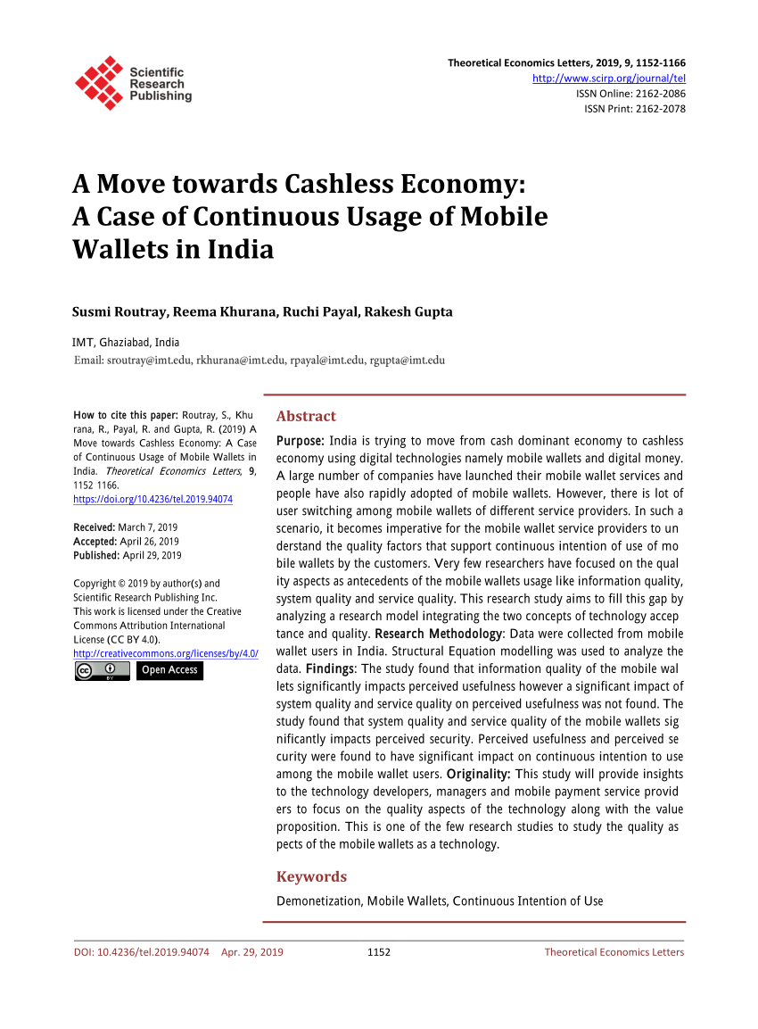(PDF) A Move towards Cashless Economy: A Case of Continuous Usage of Mobile Wallets in India