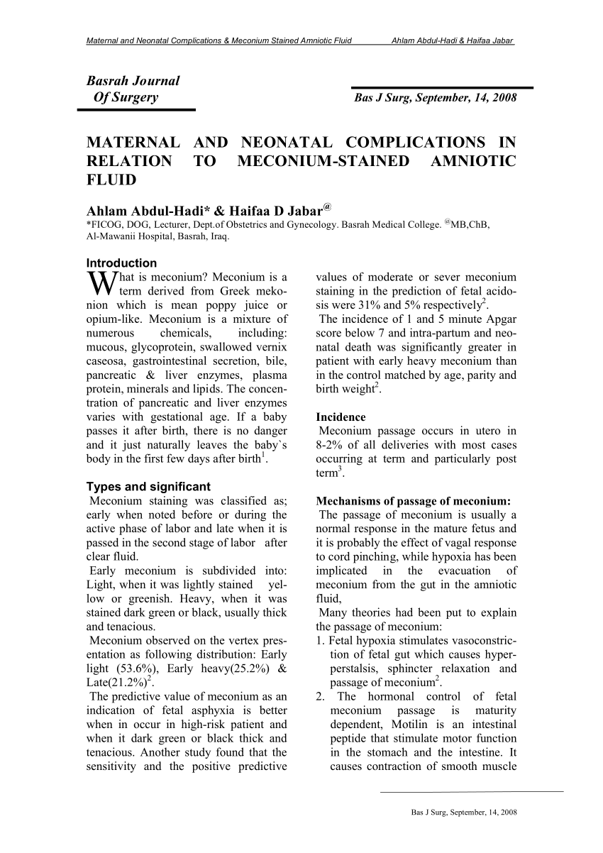 Pdf 13 Maternal And Neonatal Complications In Relation To Meconium Stained Amniotic Fluid