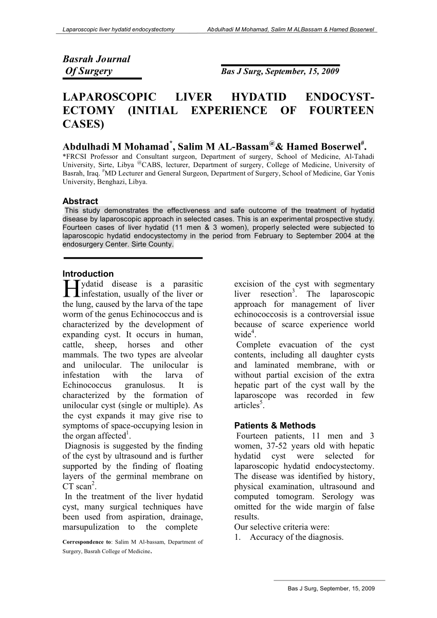 Pdf 13 Laparoscopic Liver Hydatid Endocystectomy Initial Experience Of Fourteen Cases