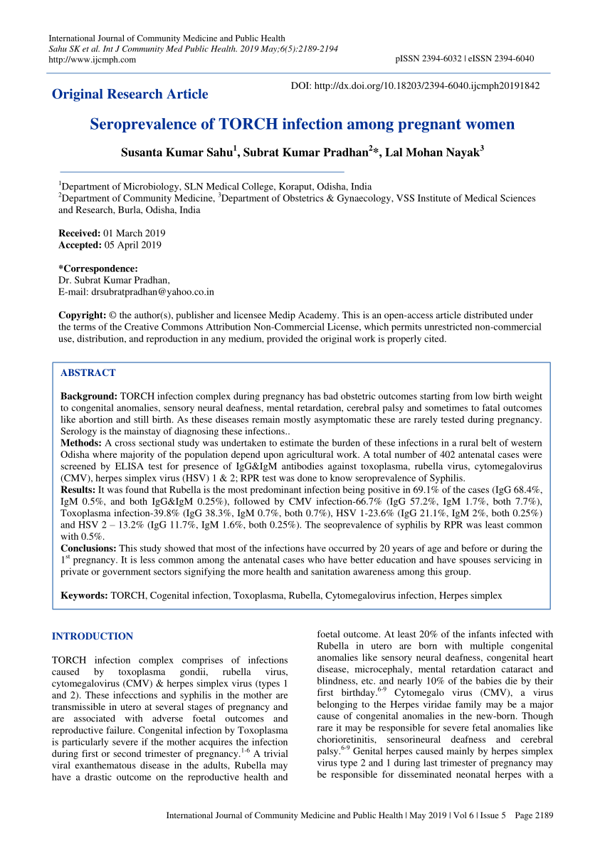 (PDF) Seroprevalence of TORCH infection among pregnant women